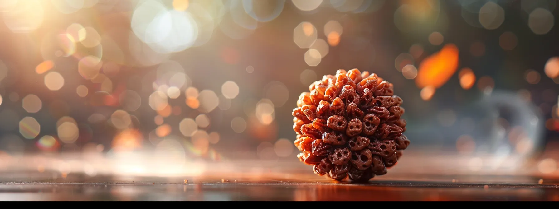 a serene close-up of a gleaming four mukhi rudraksha bead, radiating a powerful aura of spirituality and energy.