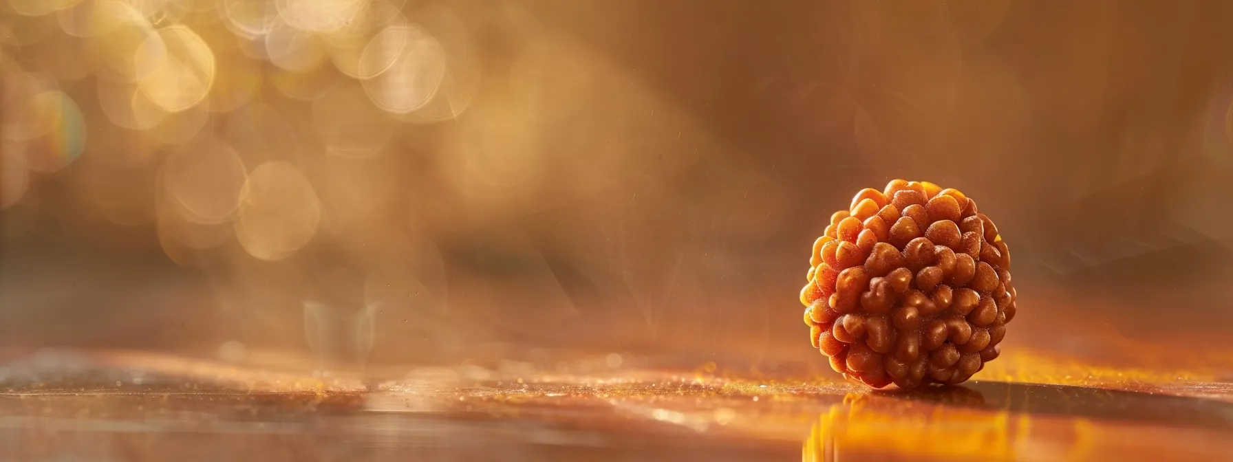 a serene close-up photo of a shimmering fifteen mukhi rudraksha bead, radiating spiritual authenticity and cultural significance.