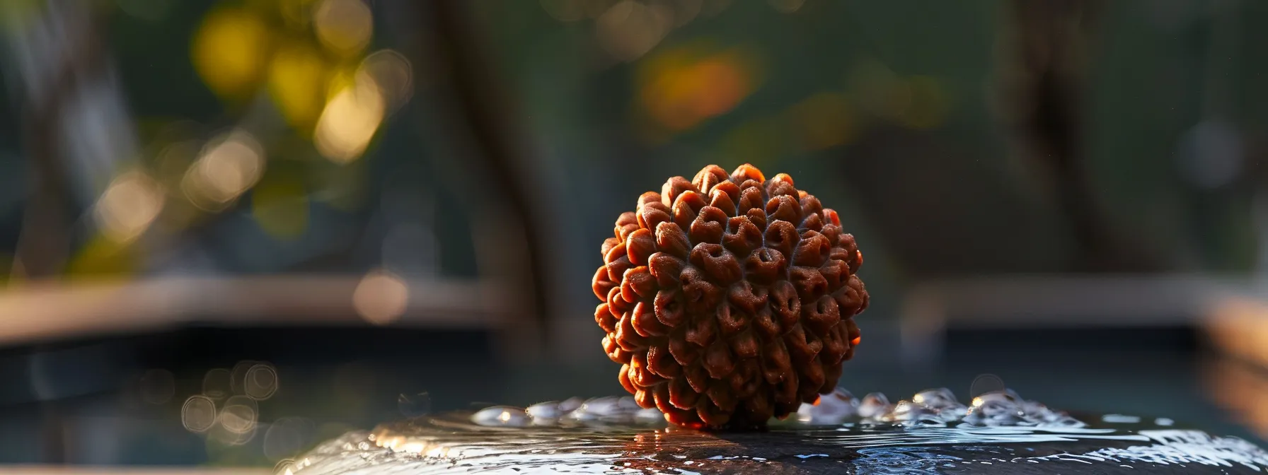 a serene close-up of a gleaming eleven mukhi rudraksha bead, radiating vibrant energy and spiritual significance.