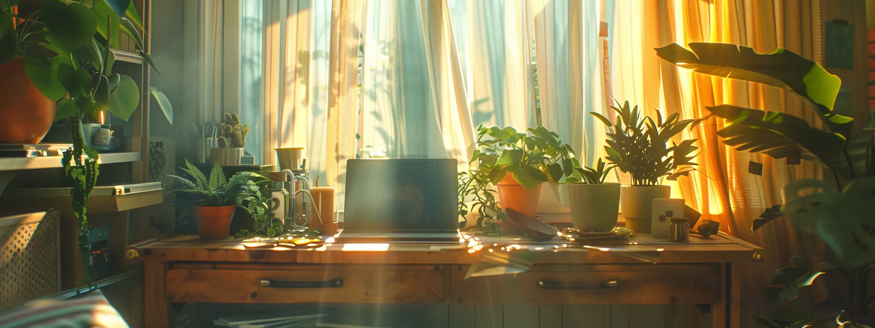 a serene, clutter-free workspace with natural light streaming in through a window, showcasing a plant-filled environment conducive to productivity and focus.