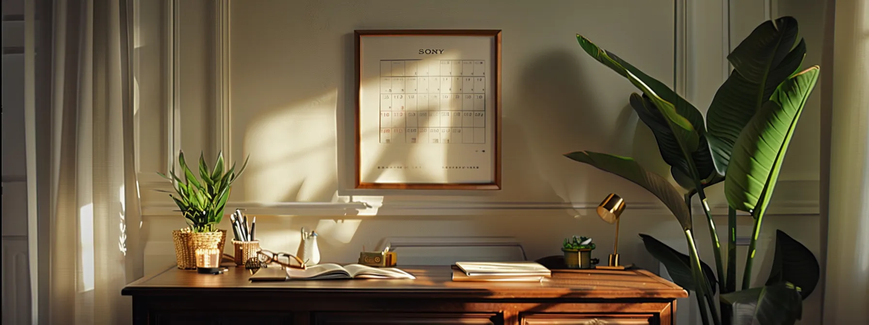 a serene desk space with a framed motivational quote, a houseplant, and a calendar, creating a conducive environment for productive habit formation.