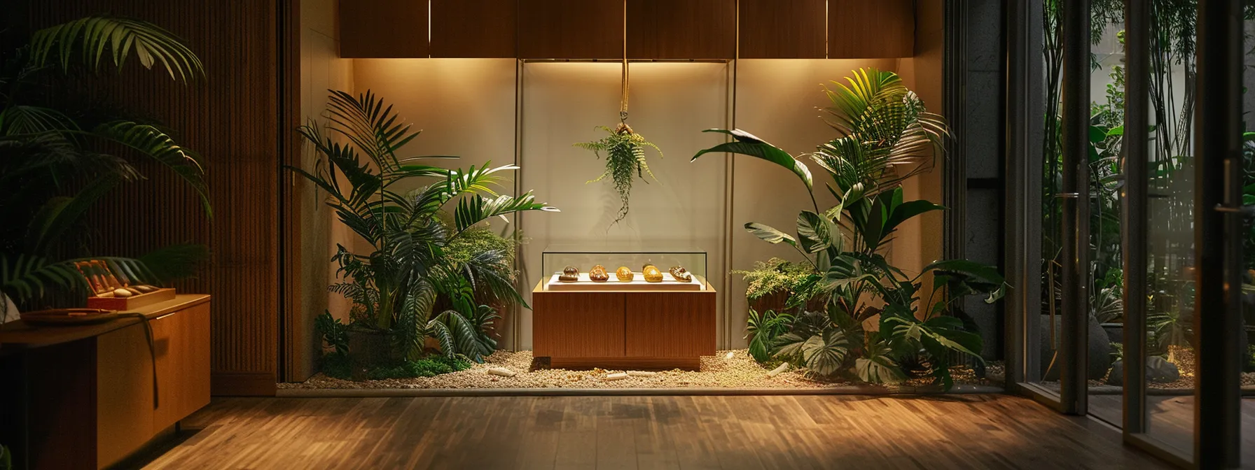 a serene, dimly-lit room with a temperature-controlled display case showcasing ten mukhi rudraksha beads, shielded from sunlight and surrounded by plants for a natural, protective environment.