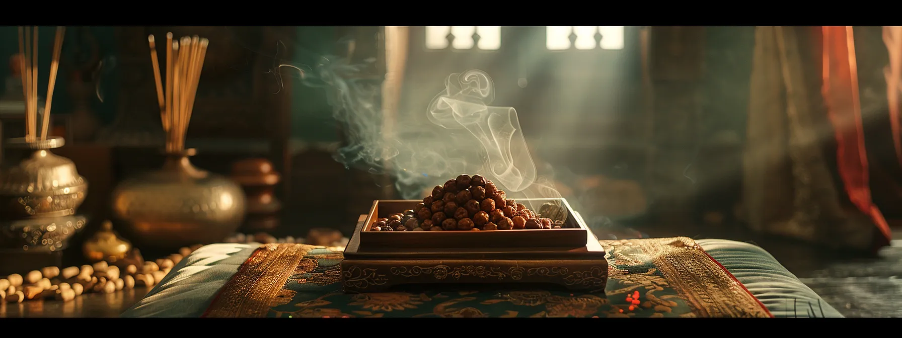 a serene, dimly-lit room with a small, ornate wooden box containing nineteen mukhi rudraksha beads, placed on a velvet cushion surrounded by fragrant incense sticks.