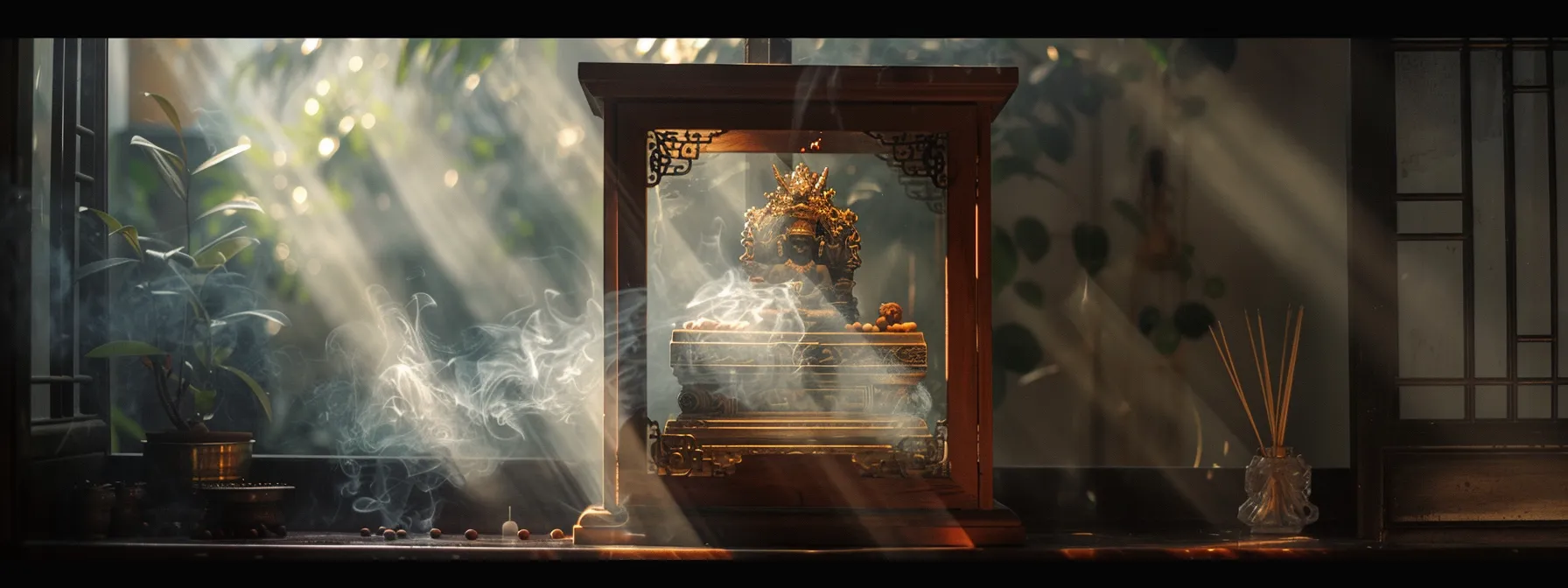 a serene, dimly lit room with a small ornate altar holding twenty mukhi rudraksha beads placed under a glass case, protected from sunlight and surrounded by calming incense smoke.