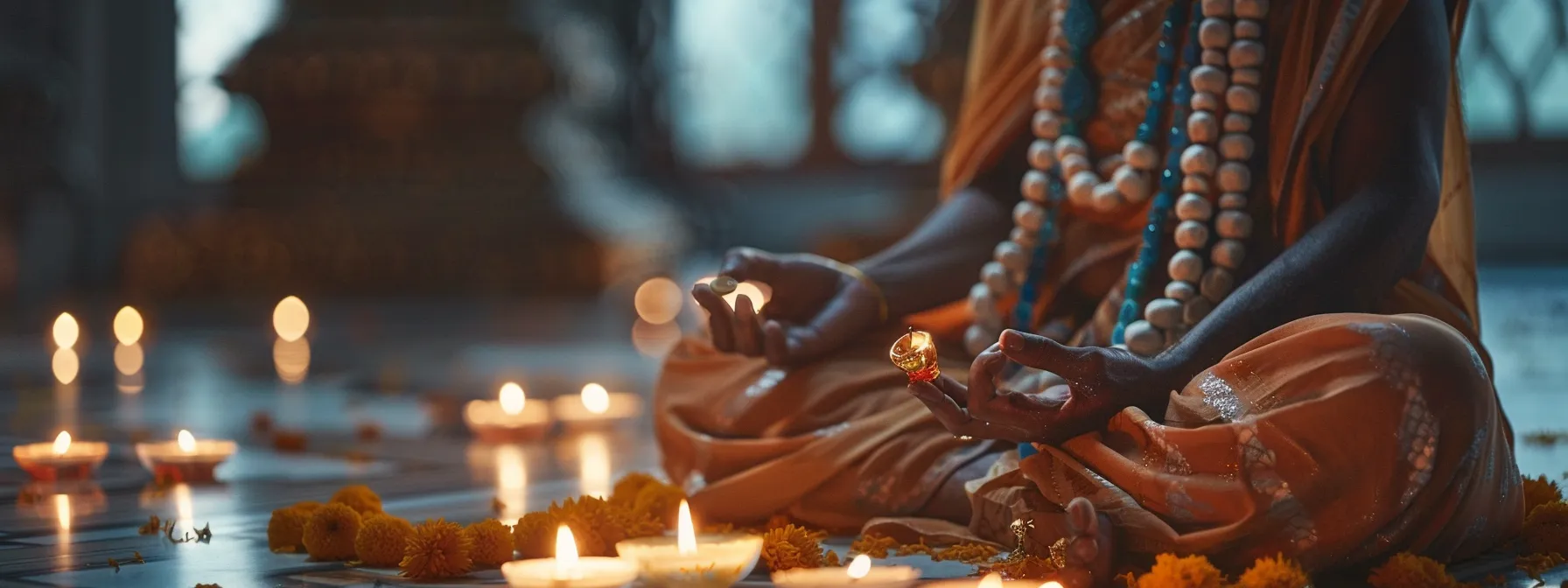 a serene figure engrossed in meditation, surrounded by candlelight and chanting mantras, with a nineteen mukhi rudraksha bead draped around their neck.