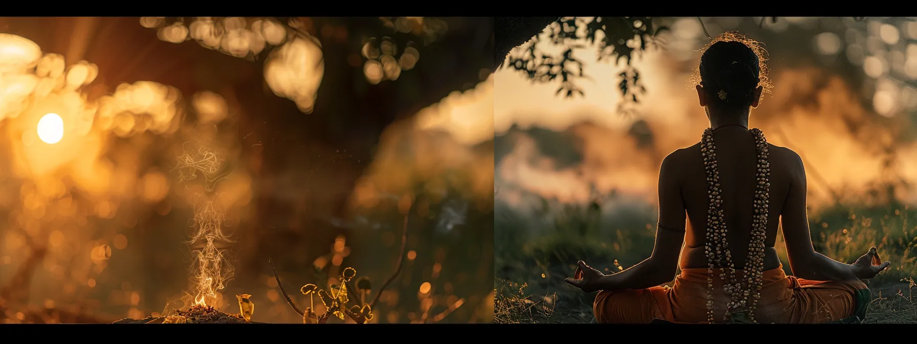 a serene figure meditating at sunrise, wearing rudraksha beads under a tree, surrounded by subtle incense smoke.