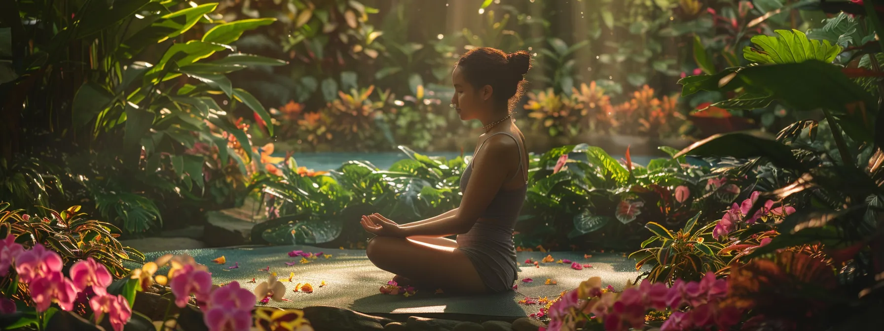 a serene figure meditating in a lush garden, surrounded by vibrant flowers and a peaceful atmosphere, embodying mental and emotional advantages through heart coherence meditation.