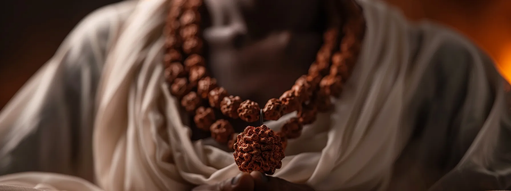 a serene figure wearing a four mukhi rudraksha pendant surrounded by a gentle glow of wisdom and spiritual enlightenment.