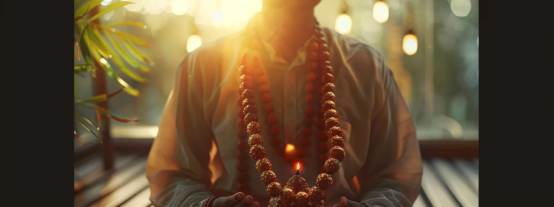 a serene, focused individual wearing the eleven mukhi rudraksha, radiating spiritual calm and clarity.