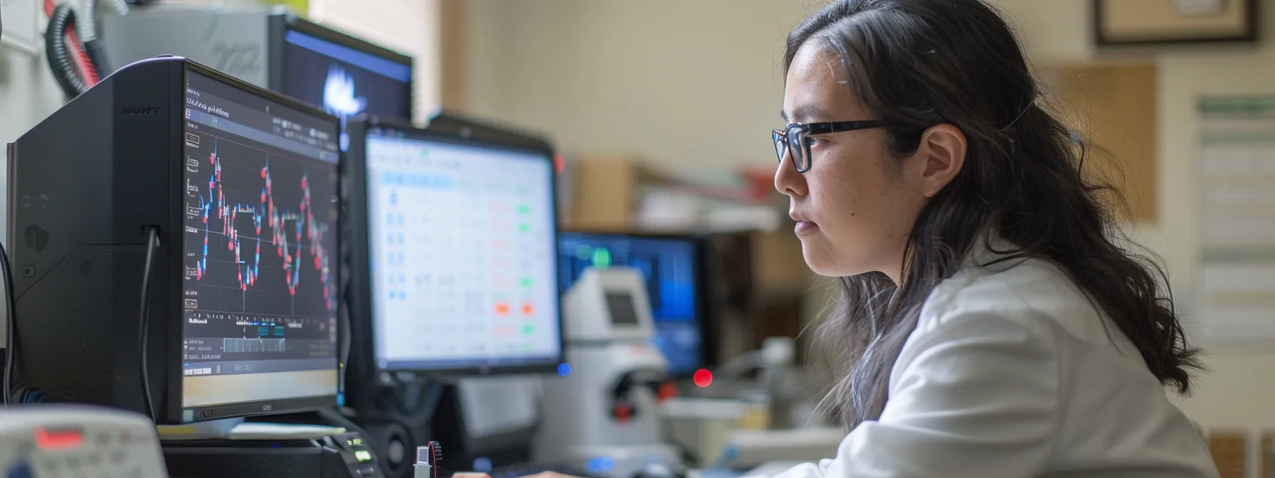 a serene, focused researcher analyzing heart rhythm data in a peaceful, harmonious lab setting.