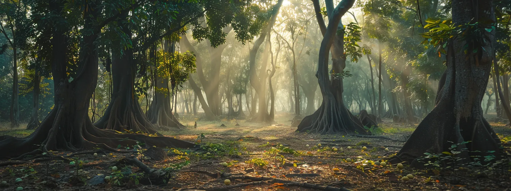 a serene forest with lush rudraksha trees standing tall, symbolizing the preservation efforts for future generations.