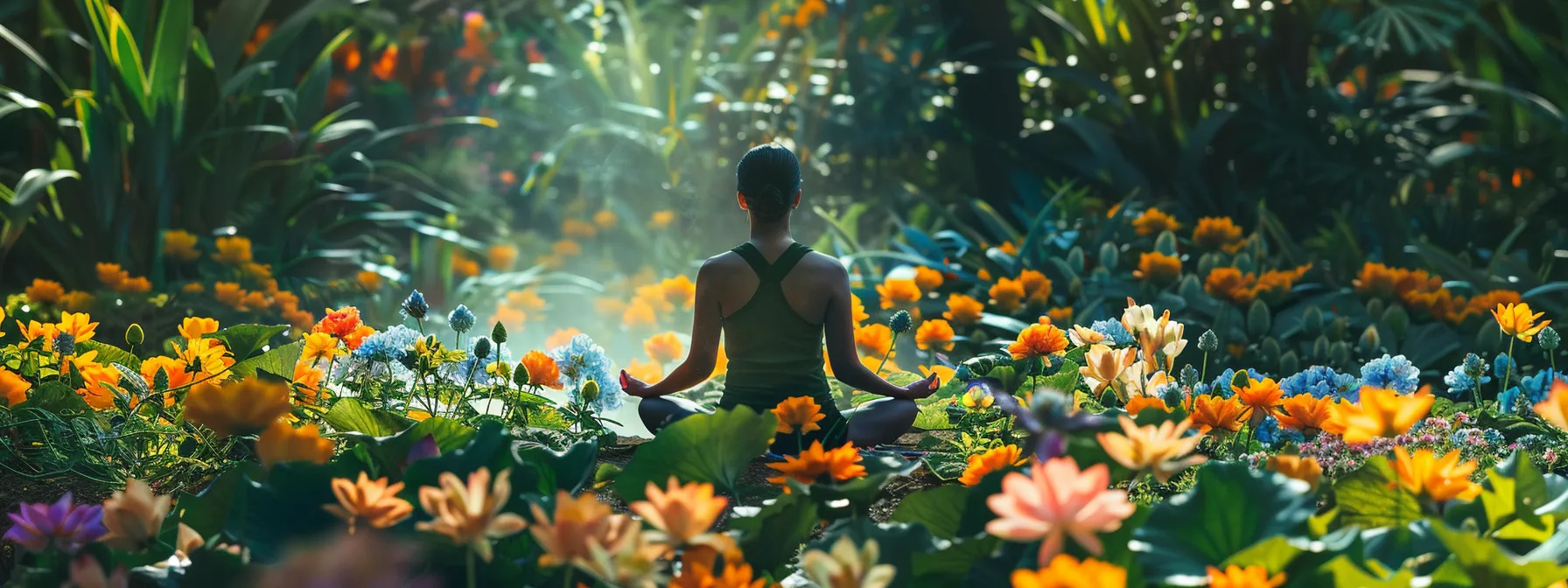 a serene garden setting with a person meditating among vibrant flowers, showcasing the connection between emotional balance and heart-brain coherence.