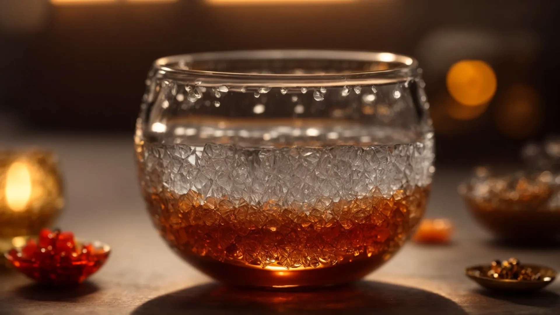 a serene glass bowl filled with holy water gently washing a radiant nine mukhi rudraksha bead.