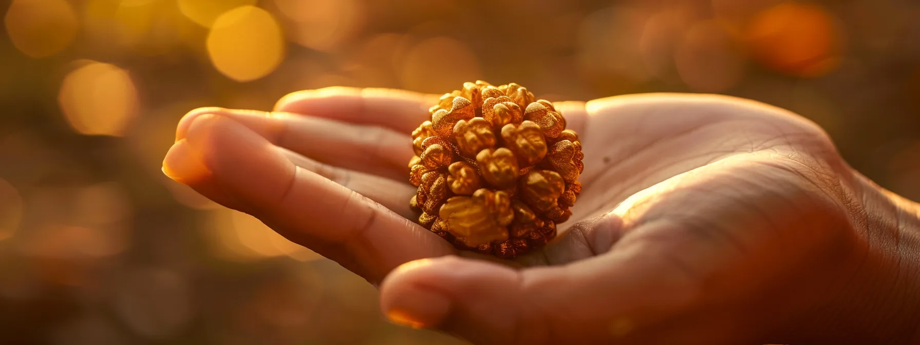 a serene hand holding a gleaming ten mukhi rudraksha, surrounded by soft, golden light.