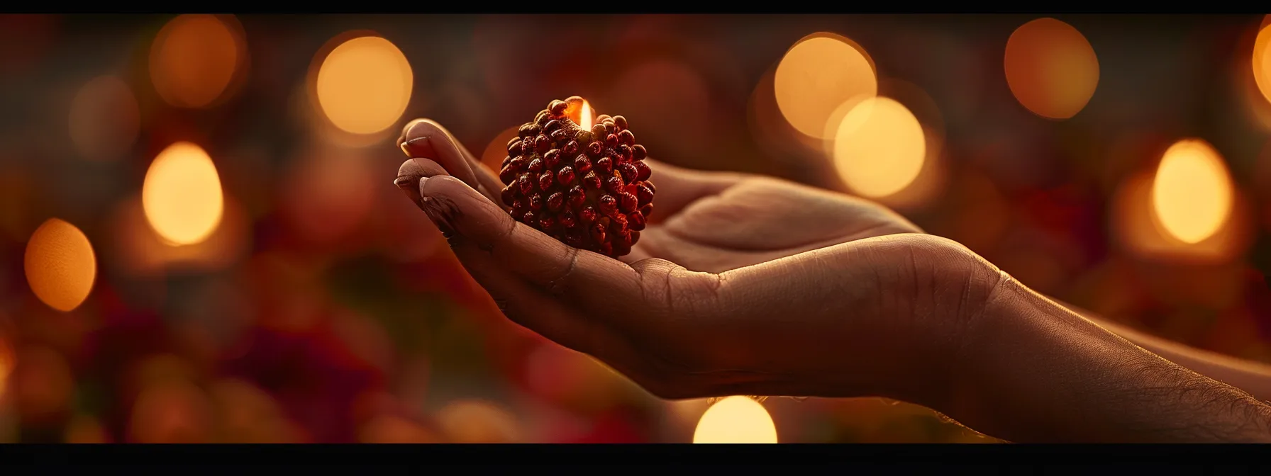 a serene hand holding a gleaming three mukhi rudraksha bead against a backdrop of soft candlelight.