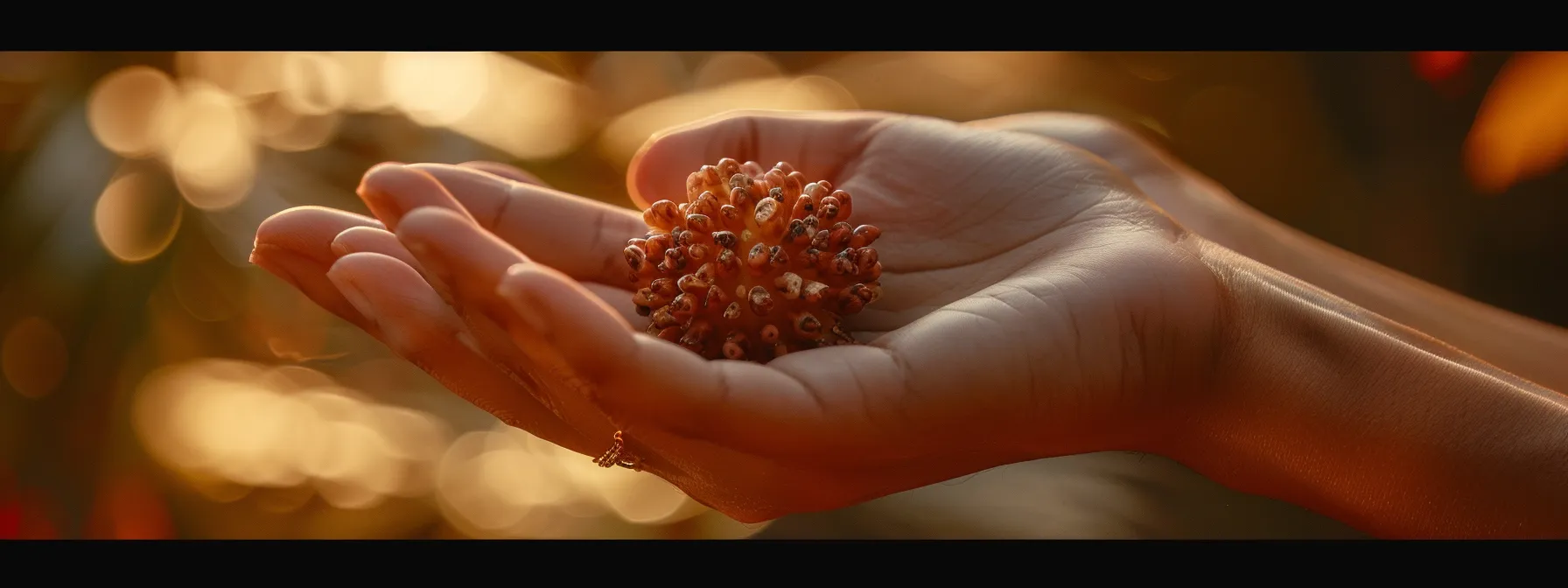 a serene hand holding a gleaming nineteen mukhi rudraksha bead, radiating spiritual energy and vitality.