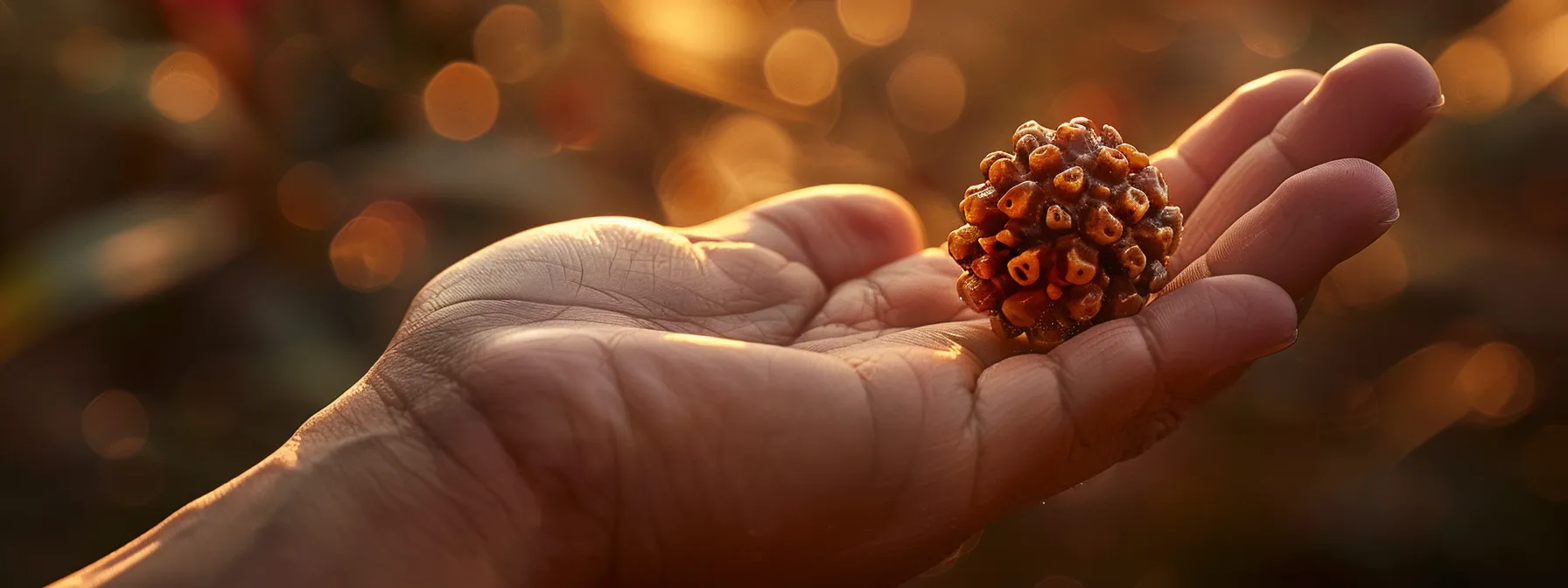 a serene hand holding a gleaming eleven mukhi rudraksha, bathed in soft light to accentuate its spiritual energy and durability.