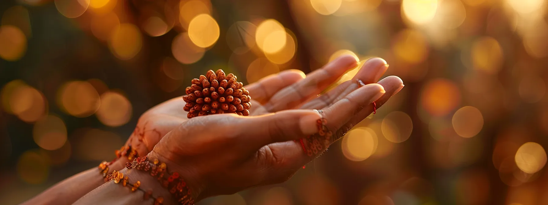 a serene hand holding a gleaming eleven mukhi rudraksha seed, radiating positive energy and spiritual significance.