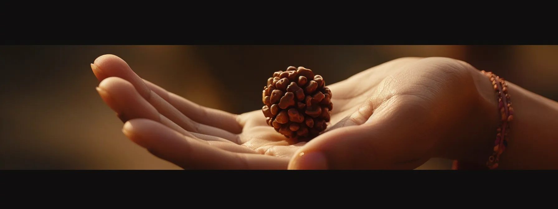 a serene hand holding a gleaming eighteen mukhi rudraksha bead under a soft light, symbolizing authenticity and spirituality.