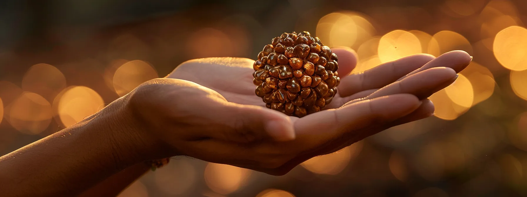 a serene hand holding a gleaming one mukhi rudraksha, surrounded by a soft glow, symbolizing proper care and reverence for its energetic properties.