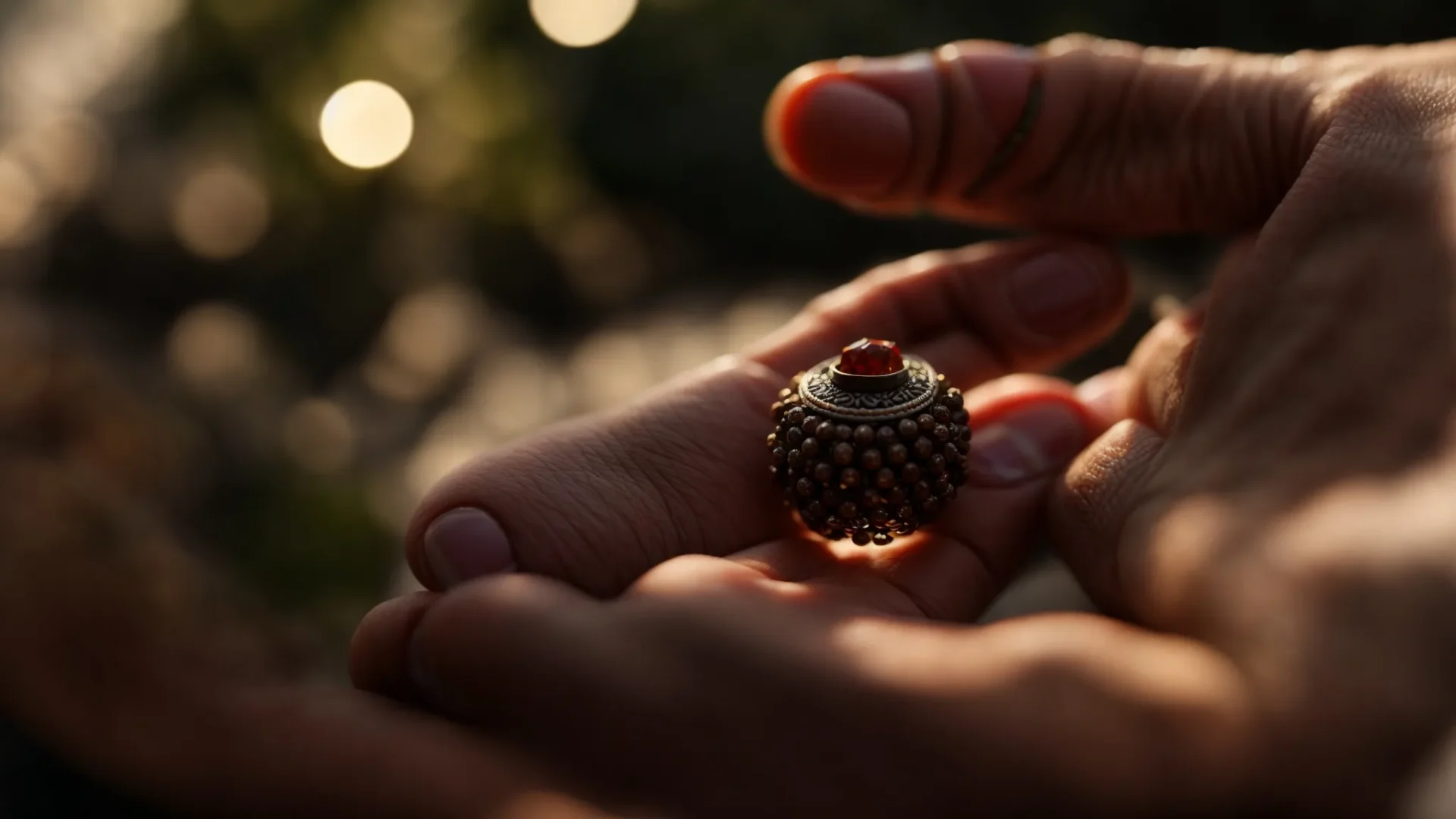 a serene hand holding a gleaming nine mukhi rudraksha bead reflects a peaceful aura, embodying the importance of caring for this spiritual talisman.