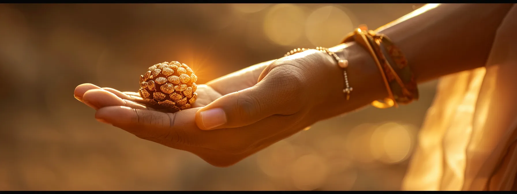 a serene hand holding a glimmering nineteen mukhi rudraksha, surrounded by soft golden light, symbolizing sacred care and reverence.