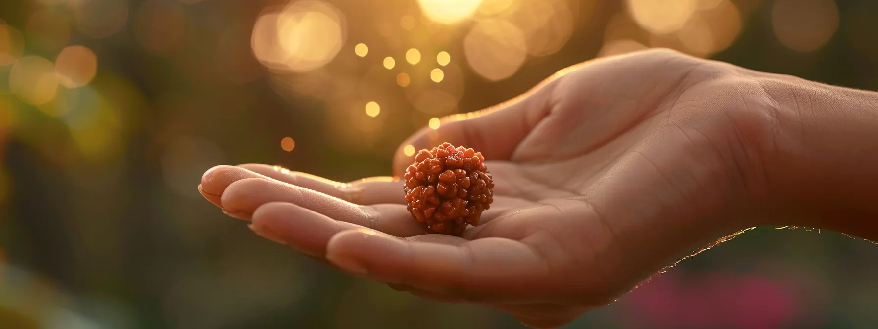 a serene hand holding a radiant eleven mukhi rudraksha bead, gently cleaning it with care and reverence.