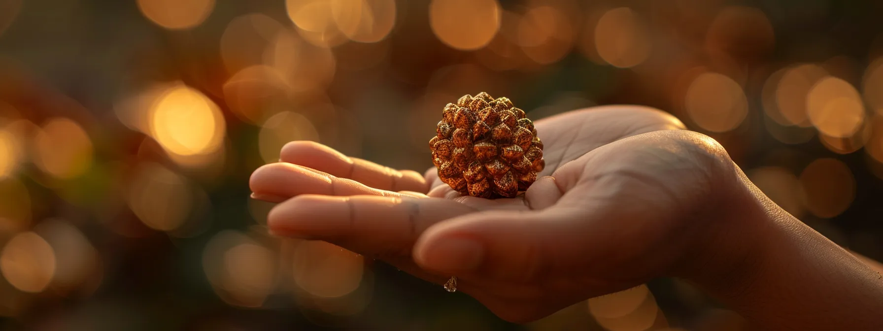 a serene hand holding a shimmering ten mukhi rudraksha bead, bathed in soft natural light.