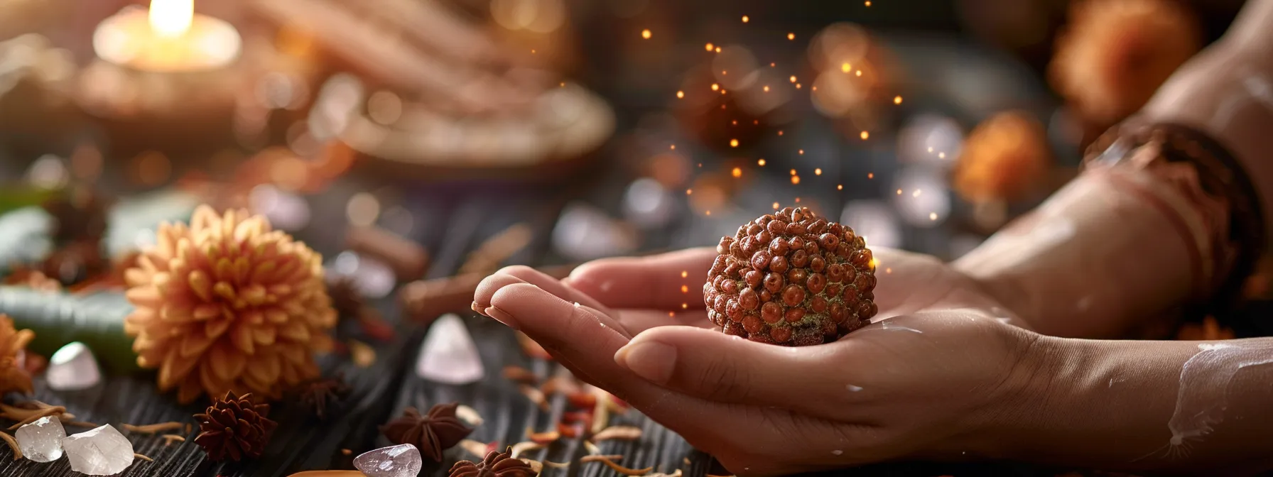 a serene hand holding a shining one mukhi rudraksha bead, surrounded by cleansing and energizing tools like crystals and incense.