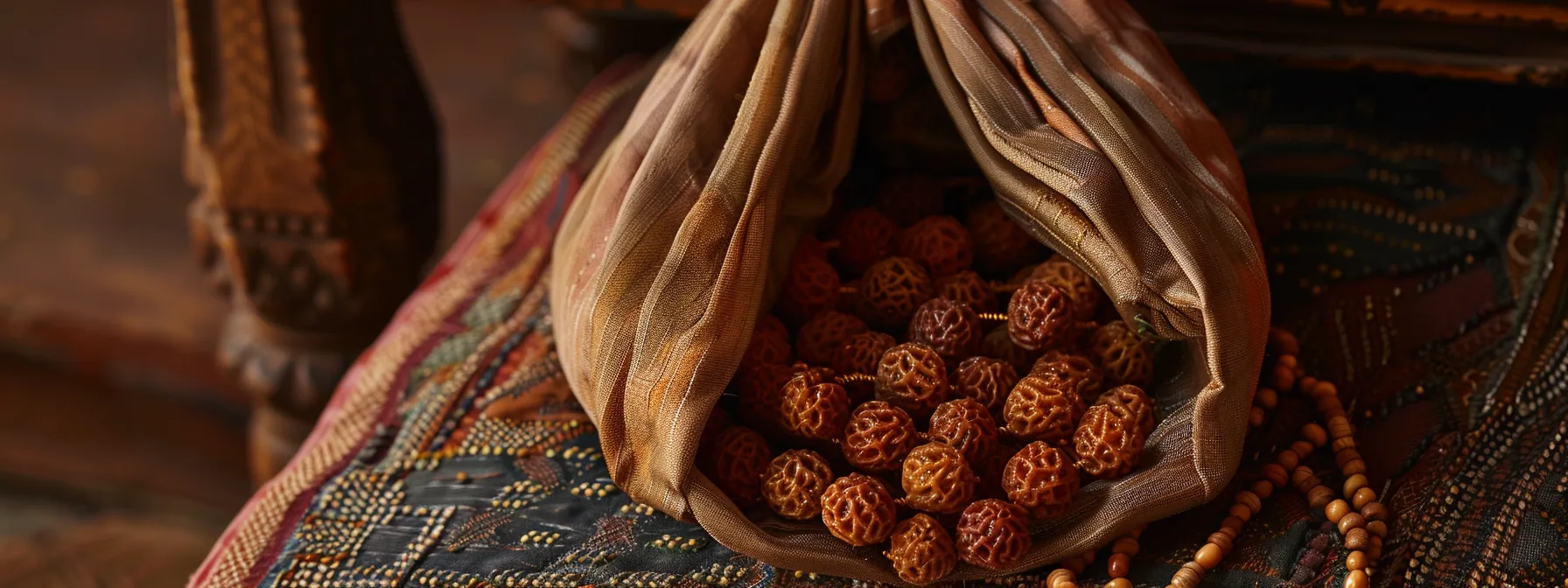 a serene handcrafted pouch containing twenty mukhi rudraksha beads, nestled safely in a traveler's bag.