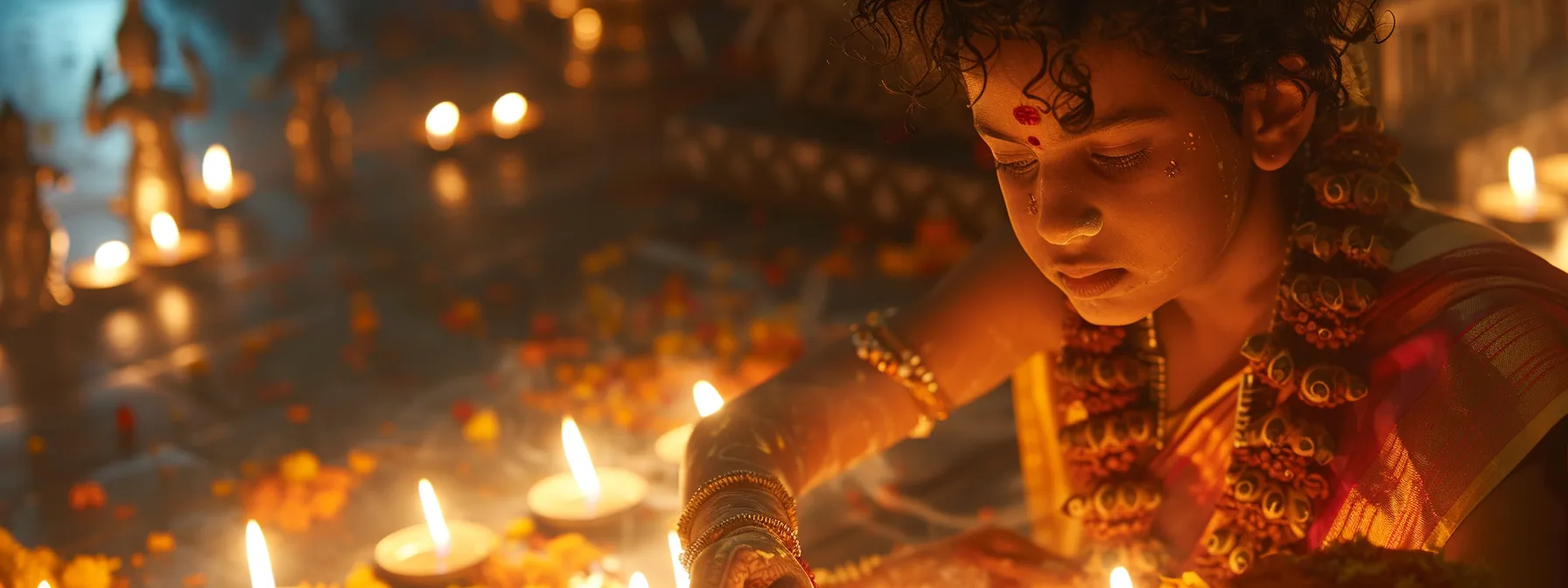 a serene hindu devotee performing purification rituals with an eight mukhi rudraksha necklace under the warm glow of candles.