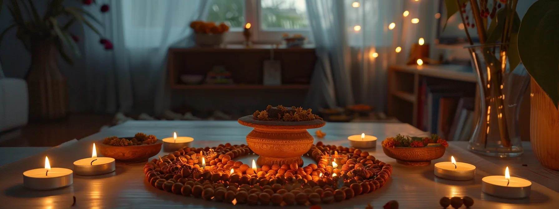 a serene home altar adorned with shimmering rudraksha beads, gently lit by flickering candles, creating a sacred space for spiritual practices.