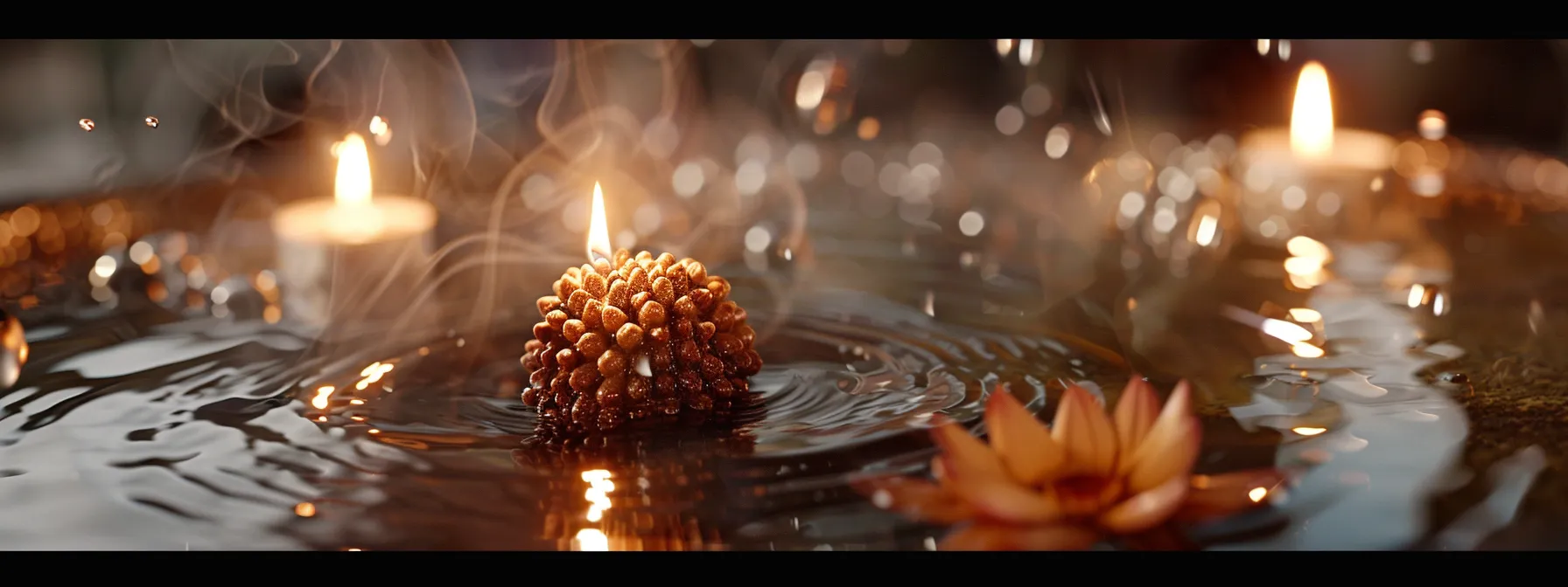 a serene image of a fourteen mukhi rudraksha being bathed in holy water, surrounded by flickering candlelight and incense, embodying purification and spirituality.