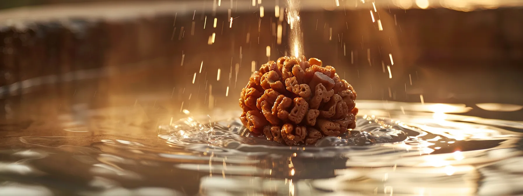 a serene image of a nineteen mukhi rudraksha bead being gently cleaned with a soft cloth under a gentle stream of lukewarm water, surrounded by a peaceful aura of spiritual significance.