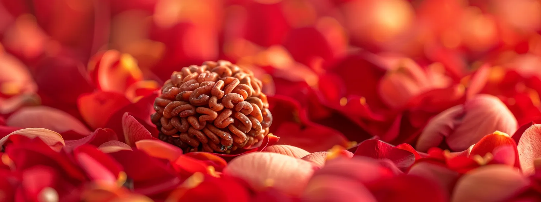 a serene image of a one mukhi rudraksha resting on a bed of vibrant red petals under soft, natural light, emphasizing its purity and authenticity.