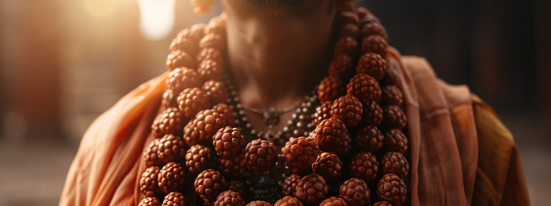 a serene image of a person wearing the nineteen mukhi rudraksha around their neck, made with high-quality materials, radiating a sense of spiritual connection and serenity.