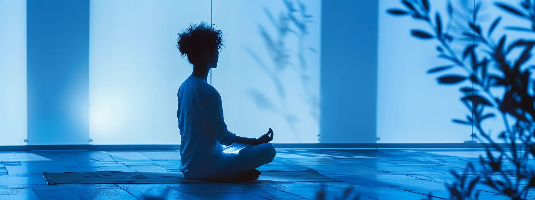 a serene image of a person using heartmath tools, surrounded by calming blue light and a tranquil atmosphere.