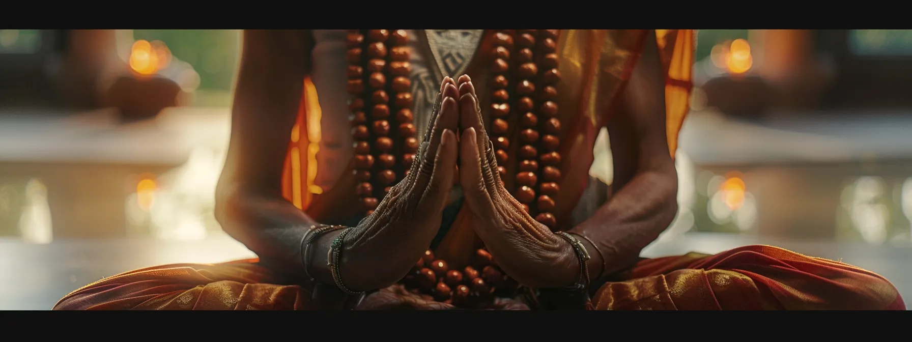 a serene image of a person meditating with the eleven mukhi rudraksha necklace, radiating a powerful aura of spiritual healing and connection.