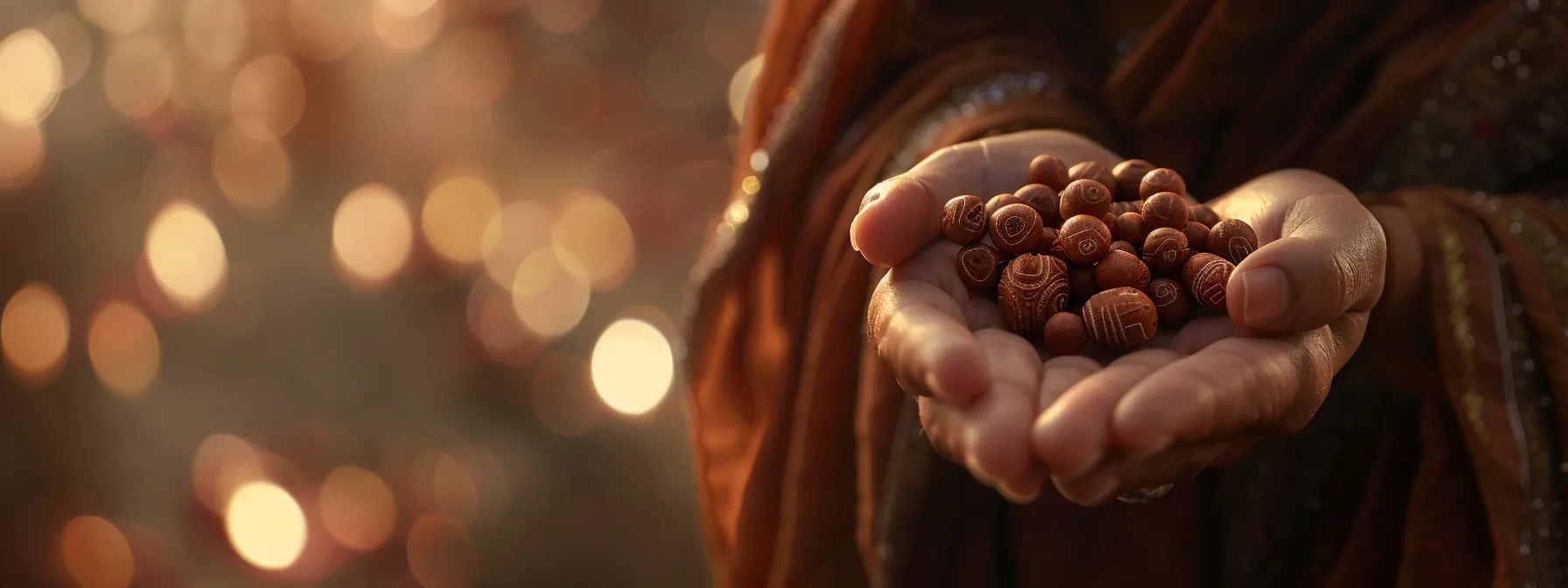 a serene image of a person meditating with rudraksha beads draped across their hands, symbolizing spiritual growth and emotional stability.