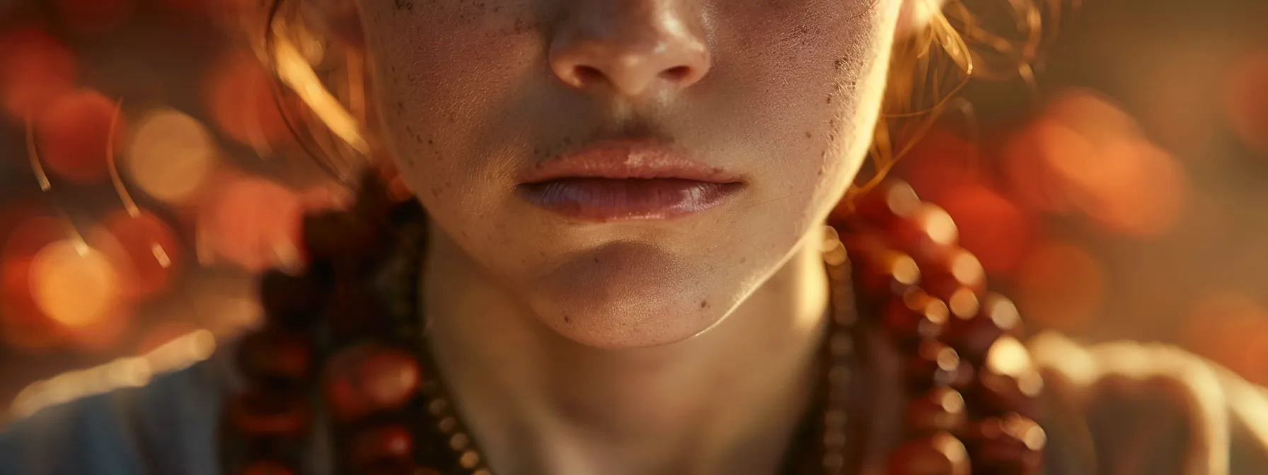 a serene image of a person with closed eyes wearing a string of rudraksha beads, surrounded by a soft glow of spiritual energy.