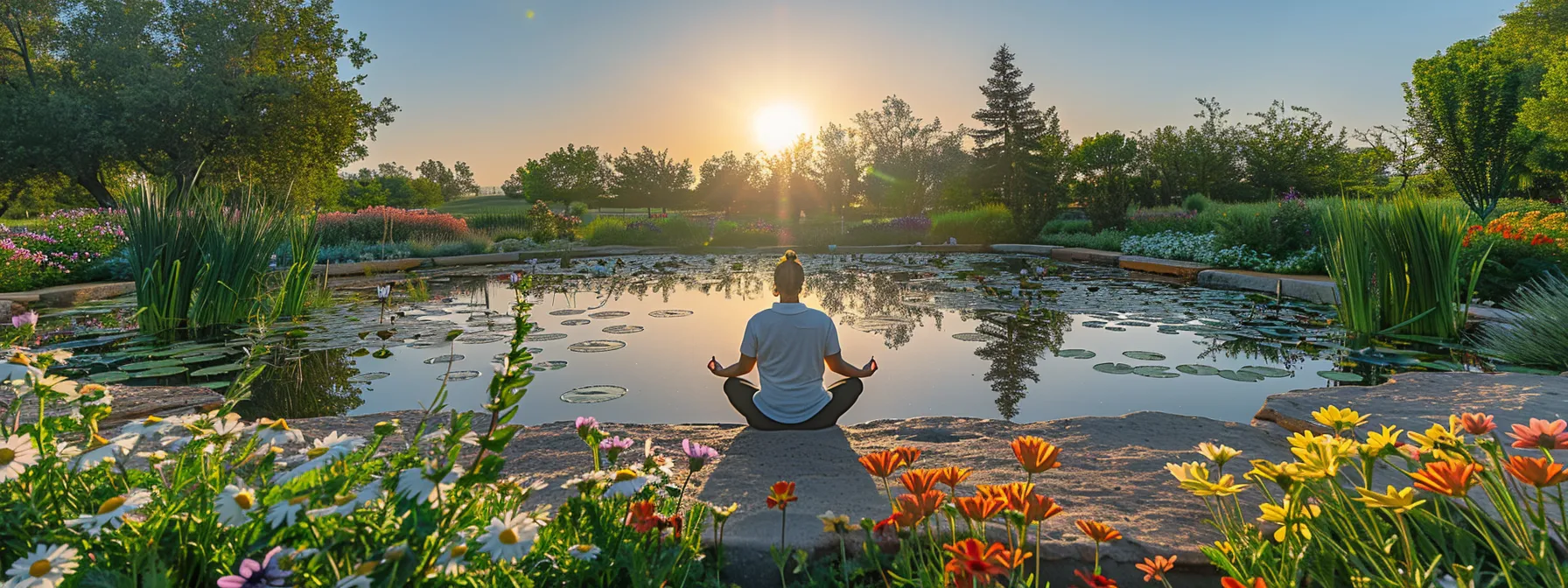 a serene image of a person practicing deep breathing in a peaceful garden, with vibrant flowers in full bloom and a tranquil pond reflecting the clear blue sky above, embodying the principles of heartmath and inner peace.