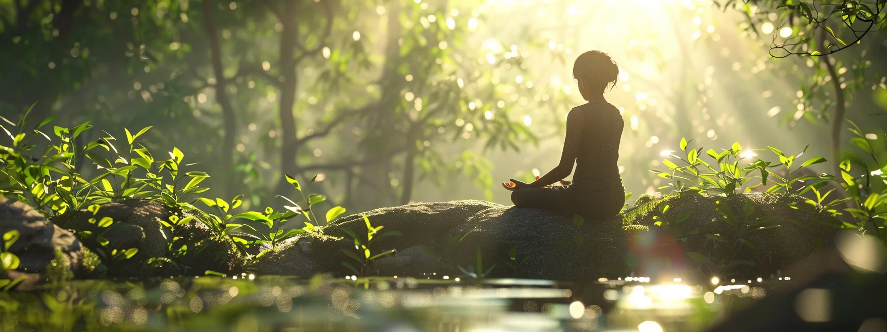 a serene image of a person practicing gratitude in a peaceful nature setting to achieve heart coherence.