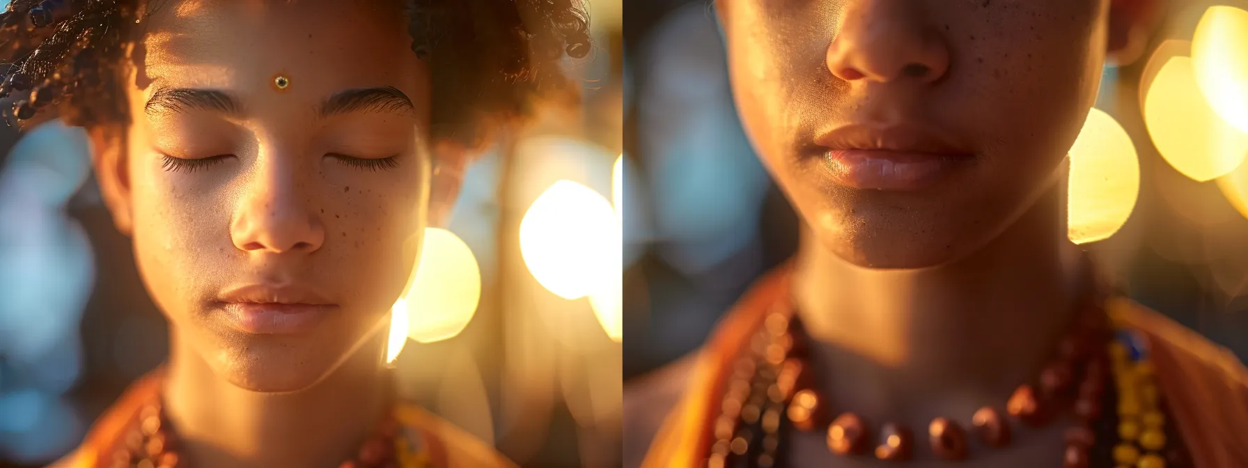 a serene image of a person meditating with closed eyes, wearing a four mukhi rudraksha bead around their neck, surrounded by a soft glow of energy and focus.