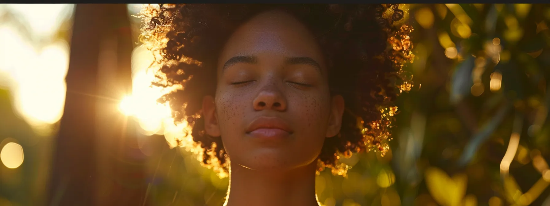 a serene image of a person practicing heartmath techniques, with focused eyes and a calm expression, surrounded by a peaceful natural setting.