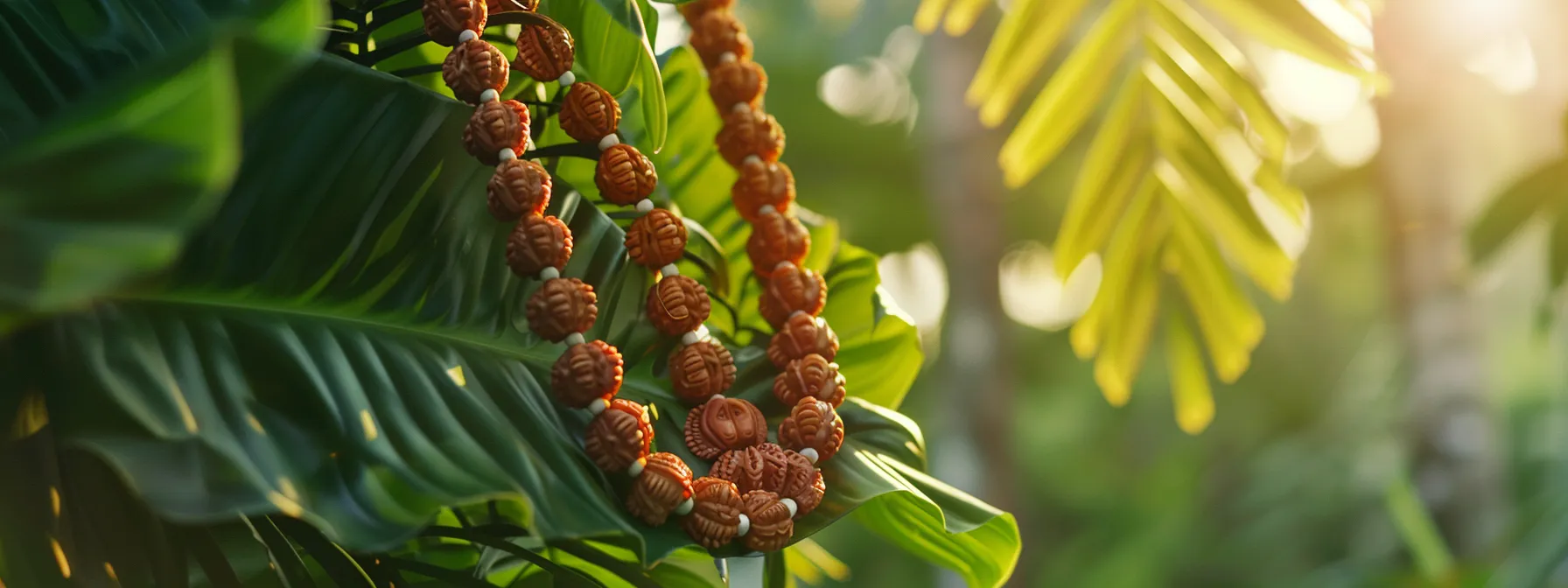 a serene image of a person wearing a strand of gleaming rudraksha beads, surrounded by vibrant greenery, embodying a sense of spiritual connection and holistic wellness.