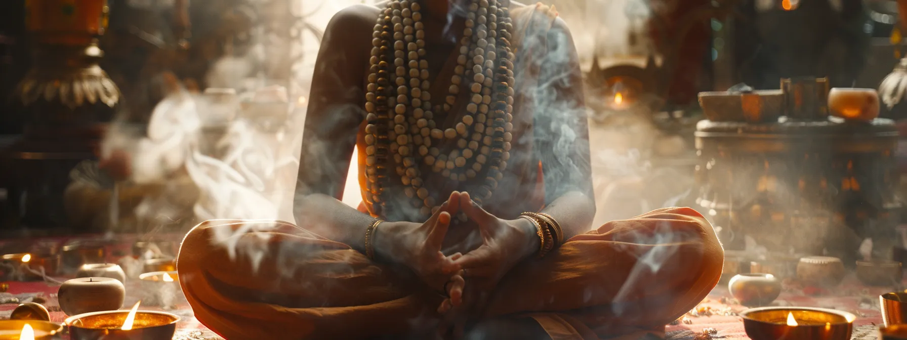 a serene image of a person meditating with a four mukhi rudraksha bead around their neck, surrounded by incense smoke and spiritual symbols.