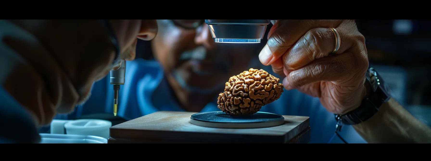 a serene image of a radiant twenty one mukhi rudraksha being examined by a group of expert gemologists under a bright, magnifying light.