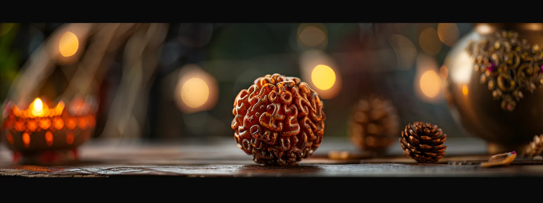 a serene image of a rudraksha bead glowing with divine energy, embodying a deep spiritual connection and symbolizing the release of sin and fear.