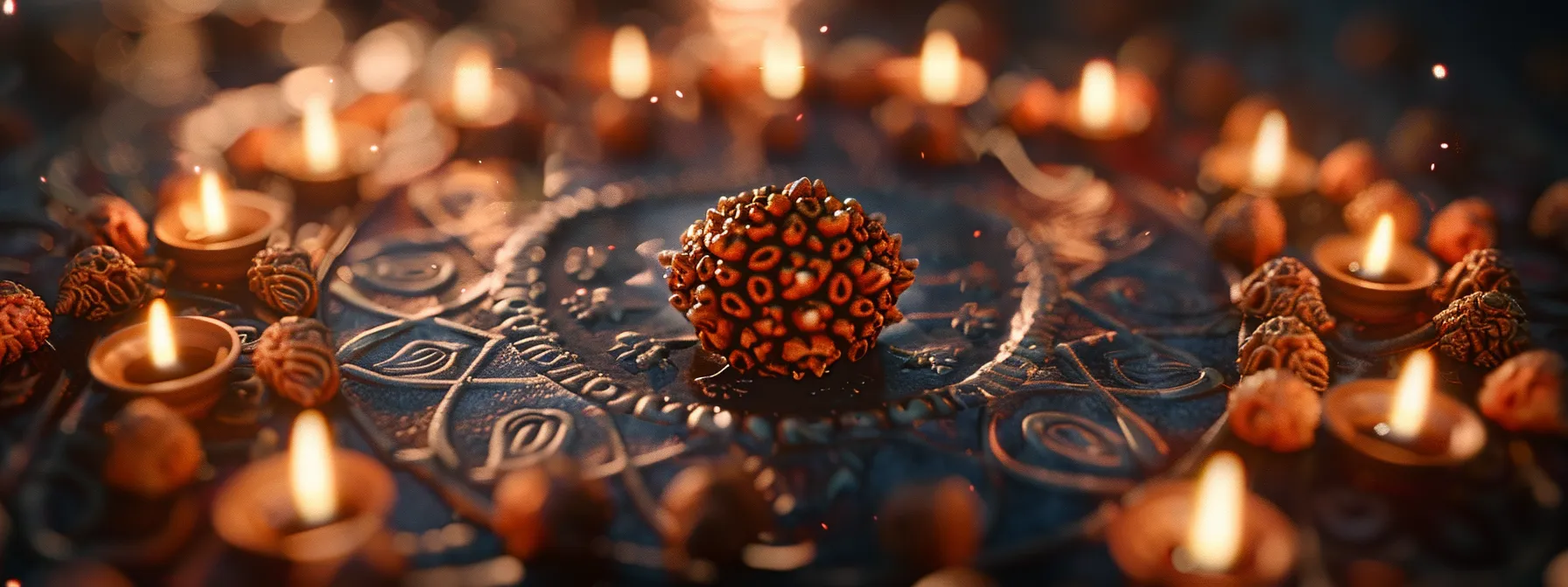 a serene image of a six mukhi rudraksha bead, radiating peaceful energy with intricate details, surrounded by symbols of hindu and buddhist deities.