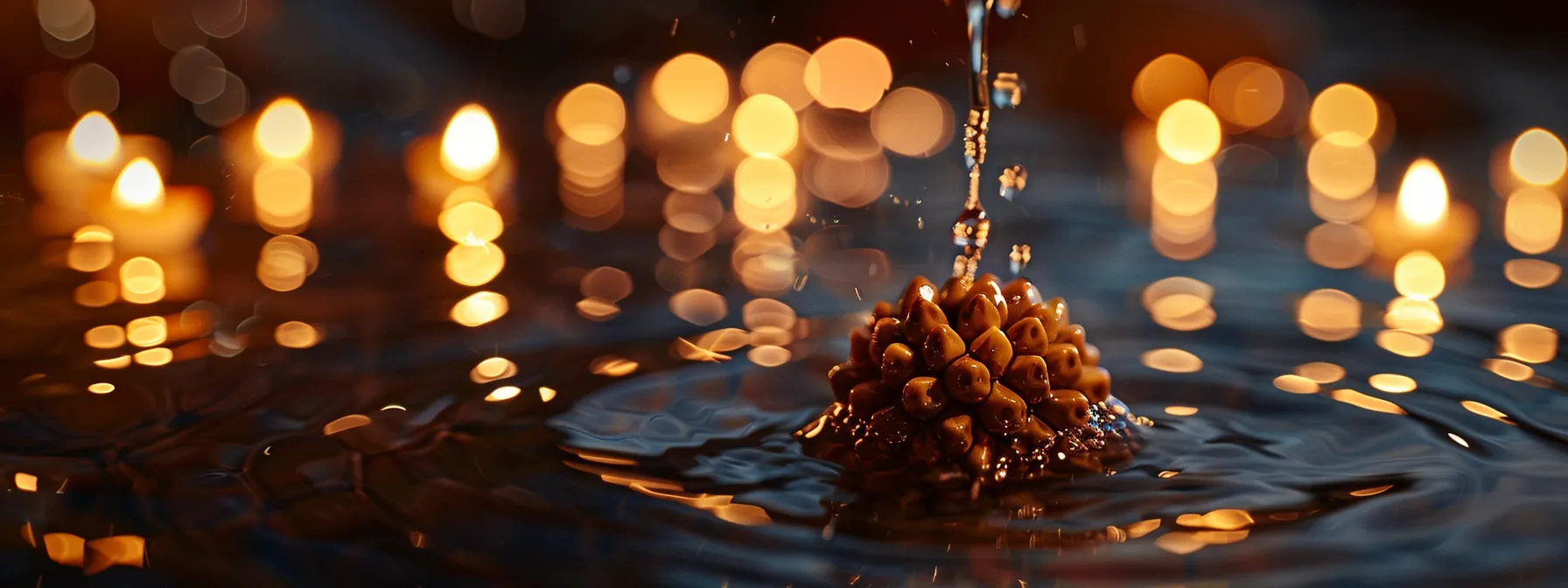 a serene image of a sparkling sixteen mukhi rudraksha bead being gently cleansed under a stream of pure water, surrounded by soft candlelight.